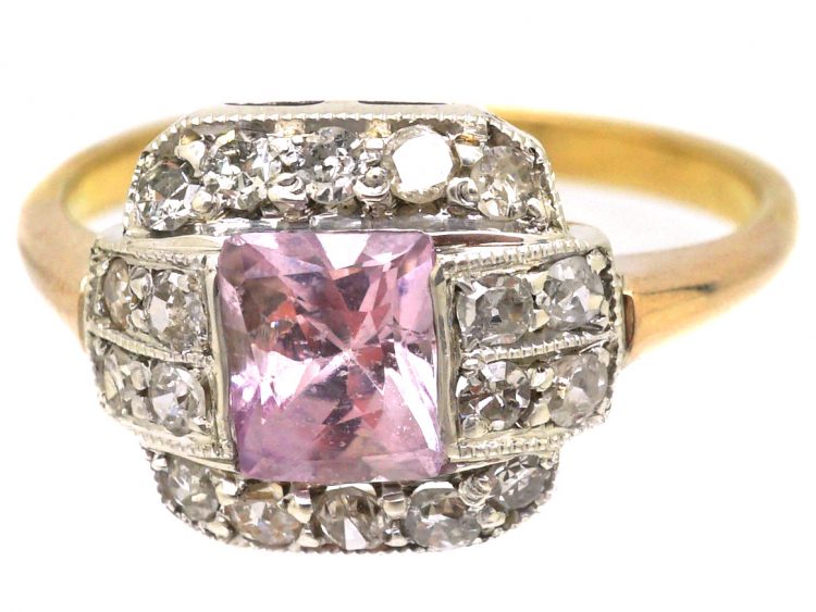 Art Deco 18ct Gold & Platinum, Pink Sapphire & Diamond Ring