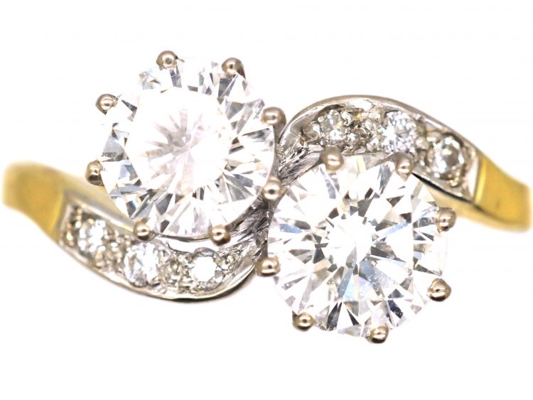 18ct Gold Two Stone Diamond Crossover Ring with Diamond Shoulders