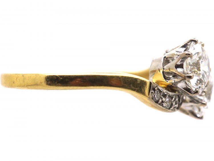 18ct Gold Two Stone Diamond Crossover Ring with Diamond Shoulders