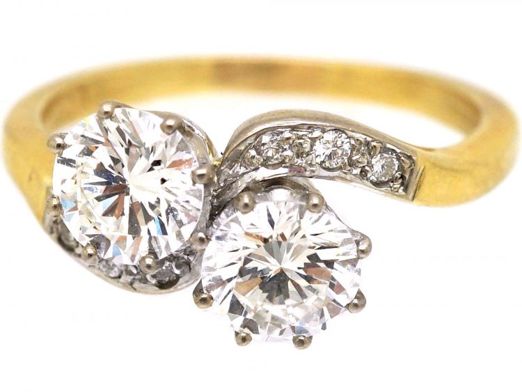 18ct Gold Two Stone Diamond Crossover Ring with Diamond Shoulders
