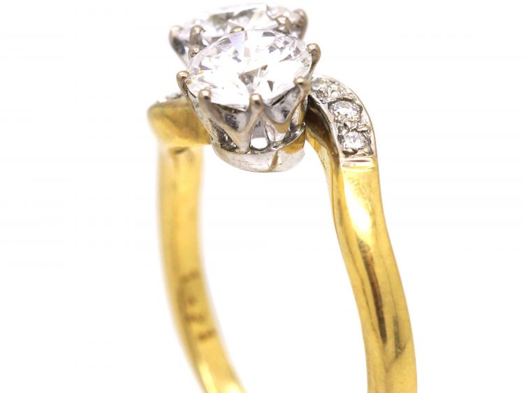 18ct Gold Two Stone Diamond Crossover Ring with Diamond Shoulders