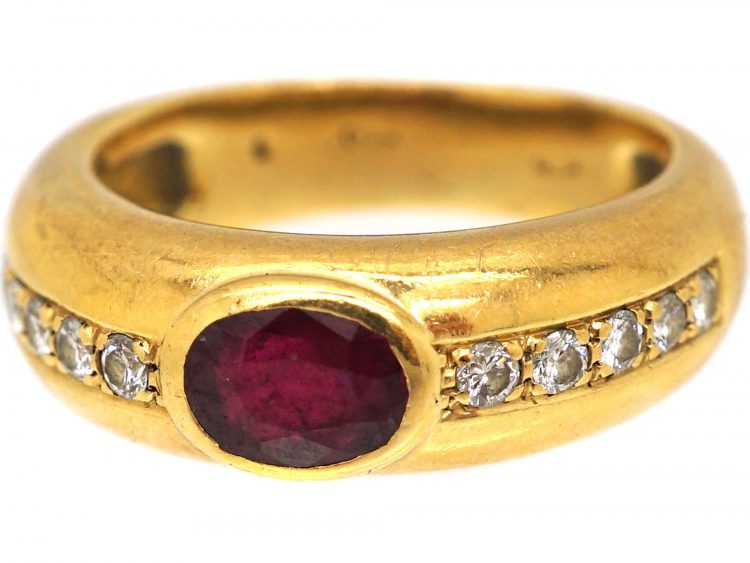 Modernist 18ct Gold Ring set with a Ruby and Diamond Shoulders