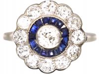 Art Deco 18ct White Gold Target Ring set with Diamonds & Calibre Sapphires