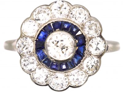 Art Deco 18ct White Gold Target Ring set with Diamonds & Calibre Sapphires