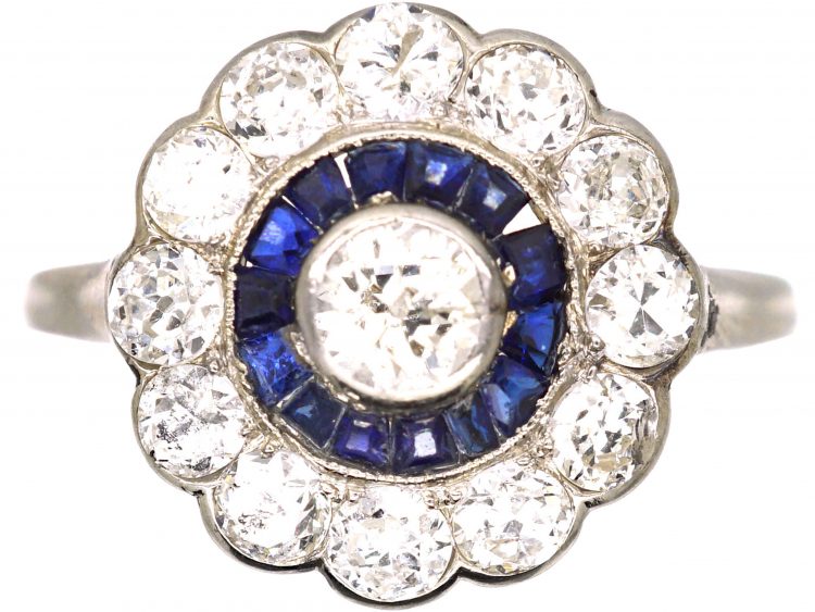 Art Deco 18ct White Gold Target Ring set with Diamonds & Calibre Sapphires