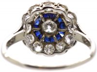 Art Deco 18ct White Gold Target Ring set with Diamonds & Calibre Sapphires