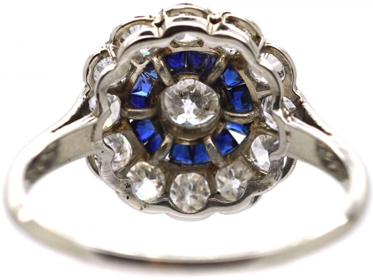 Art Deco 18ct White Gold Target Ring set with Diamonds & Calibre Sapphires