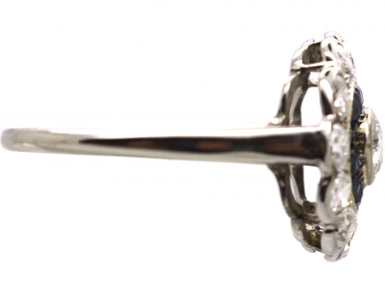 Art Deco 18ct White Gold Target Ring set with Diamonds & Calibre Sapphires