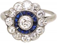 Art Deco 18ct White Gold Target Ring set with Diamonds & Calibre Sapphires