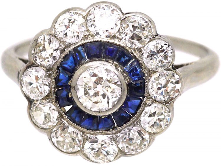 Art Deco 18ct White Gold Target Ring set with Diamonds & Calibre Sapphires