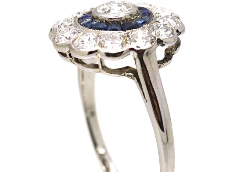 Art Deco 18ct White Gold Target Ring set with Diamonds & Calibre Sapphires
