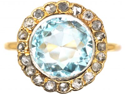 Edwardian 15ct Gold Aquamarine & Rose Diamond Cluster Ring