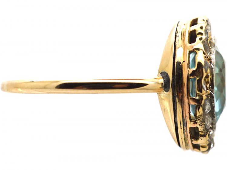 Edwardian 15ct Gold Aquamarine & Rose Diamond Cluster Ring