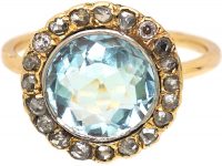 Edwardian 15ct Gold Aquamarine & Rose Diamond Cluster Ring