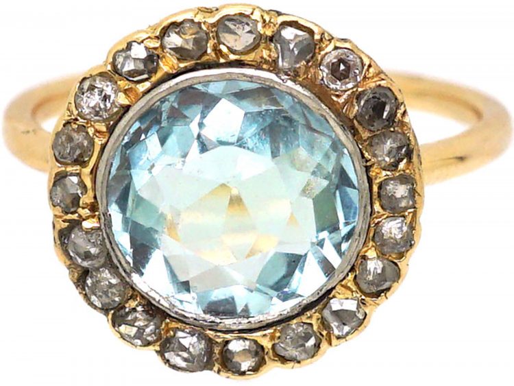 Edwardian 15ct Gold Aquamarine & Rose Diamond Cluster Ring