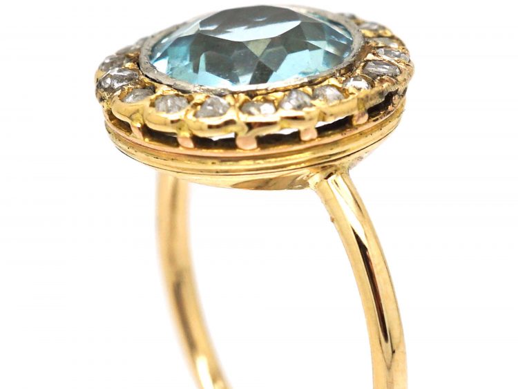Edwardian 15ct Gold Aquamarine & Rose Diamond Cluster Ring