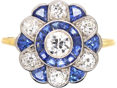 Art Deco 18ct Gold & Platinum, Sapphire & Diamond Ornate Target Ring
