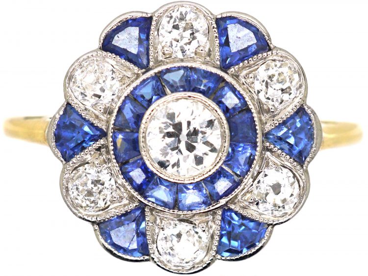 Art Deco 18ct Gold & Platinum, Sapphire & Diamond Ornate Target Ring