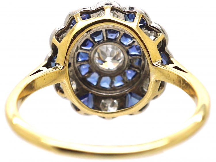Art Deco 18ct Gold & Platinum, Sapphire & Diamond Ornate Target Ring