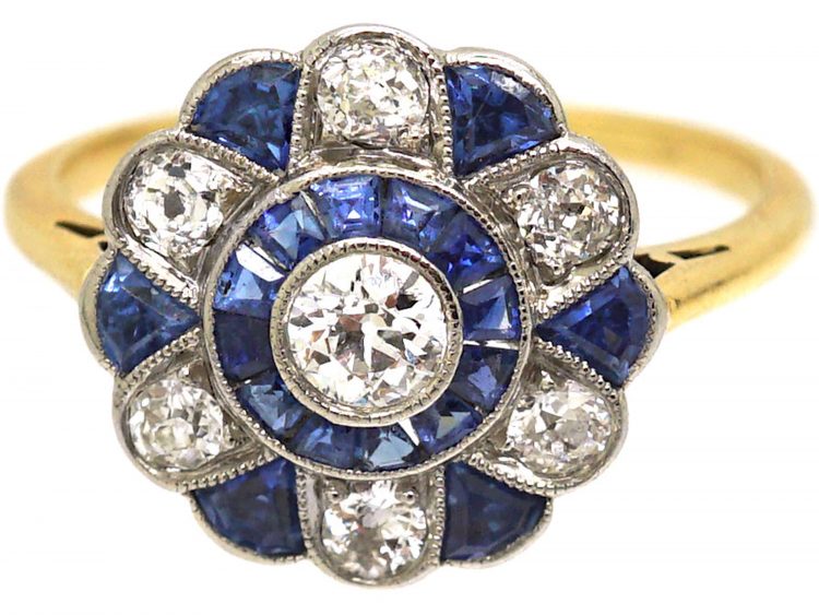 Art Deco 18ct Gold & Platinum, Sapphire & Diamond Ornate Target Ring