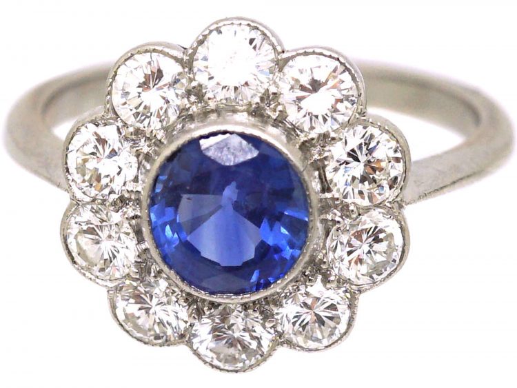 Early 20th Century Platinum, Sapphire & Diamond Cluster Ring