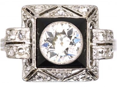 Art Deco Platinum, Diamond & Onyx Geometric Ring