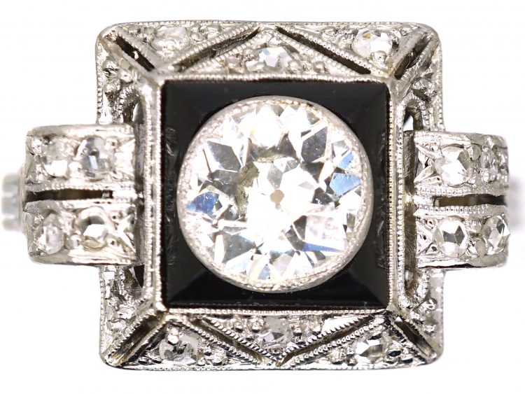 Art Deco Platinum, Diamond & Onyx Geometric Ring