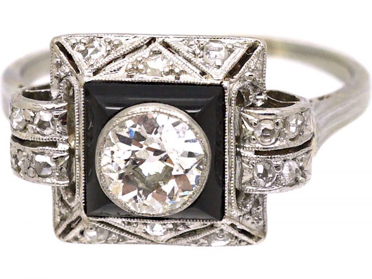 Art Deco Platinum, Diamond & Onyx Geometric Ring