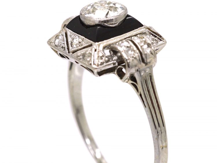 Art Deco Platinum, Diamond & Onyx Geometric Ring