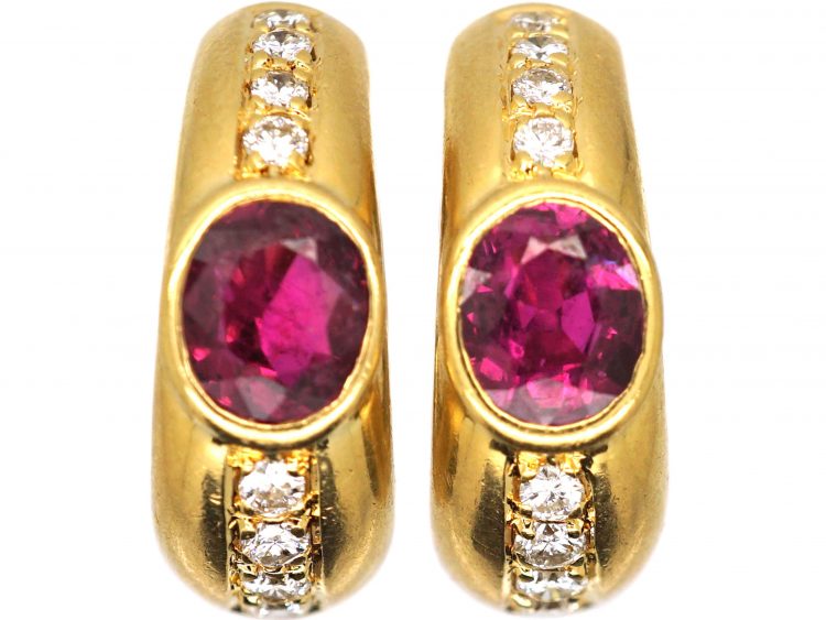 18ct Gold Huggy Earrings set with Rubies & Diamonds