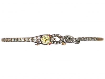 Victorian 15ct Gold & Silver Snake Bangle set with a Fancy Yellow Diamond & Old Mine Cut Diamonds