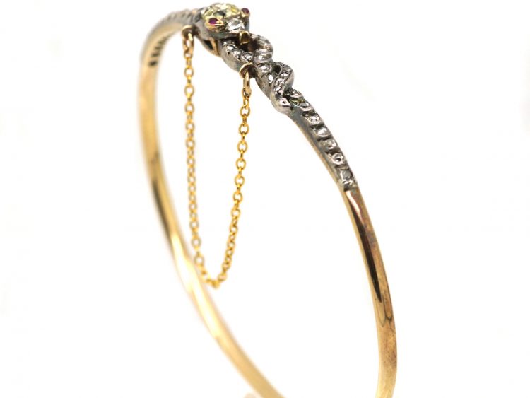 Victorian 15ct Gold & Silver Snake Bangle set with a Fancy Yellow Diamond & Old Mine Cut Diamonds