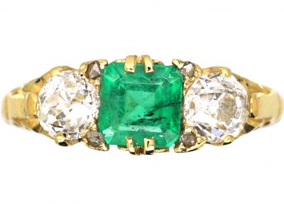 Victorian 18ct Gold Three Stone Emerald & Diamond Ring