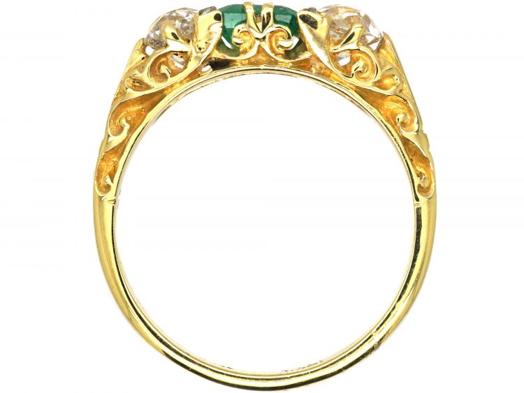 Victorian 18ct Gold Three Stone Emerald & Diamond Ring