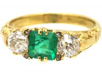 Victorian 18ct Gold Three Stone Emerald & Diamond Ring