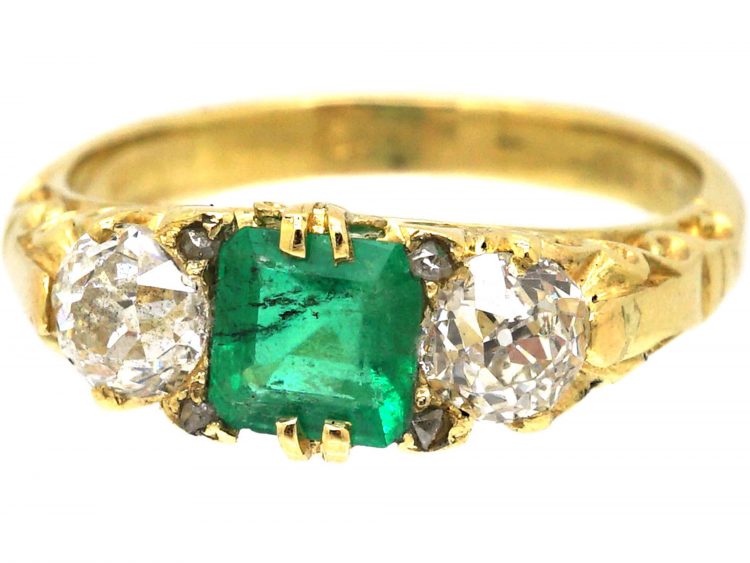 Victorian 18ct Gold Three Stone Emerald & Diamond Ring