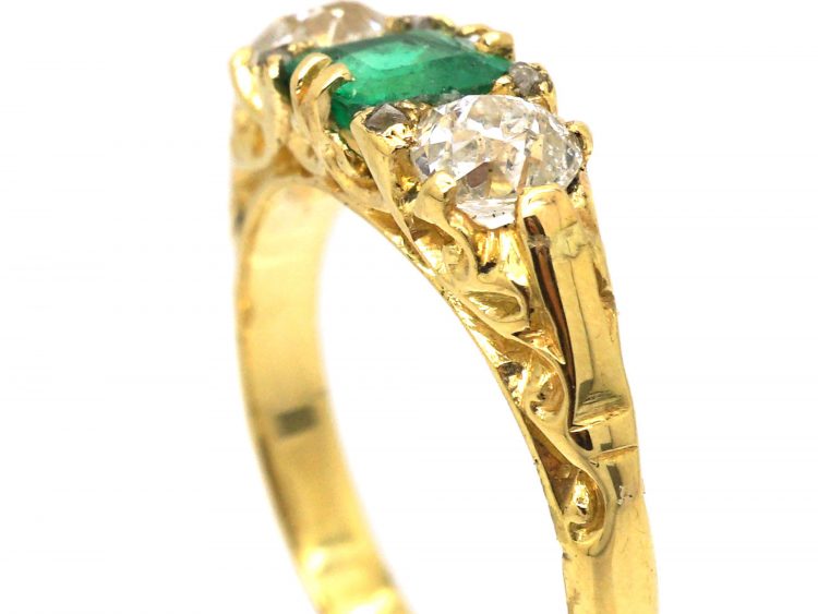 Victorian 18ct Gold Three Stone Emerald & Diamond Ring