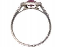 Edwardian Platinum, Ruby & Diamond Cluster Ring with Diamond set Shoulders