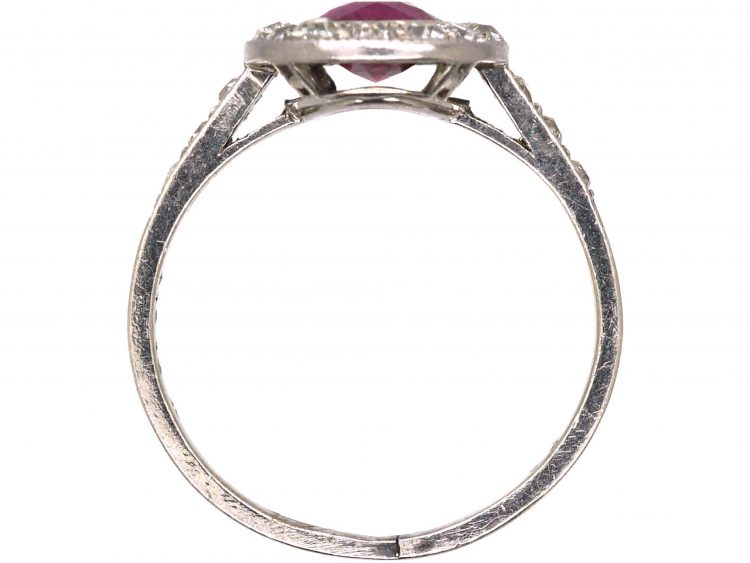 Edwardian Platinum, Ruby & Diamond Cluster Ring with Diamond set Shoulders