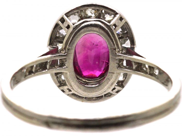 Edwardian Platinum, Ruby & Diamond Cluster Ring with Diamond set Shoulders