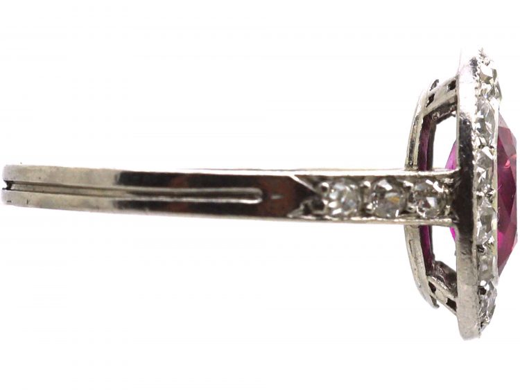 Edwardian Platinum, Ruby & Diamond Cluster Ring with Diamond set Shoulders