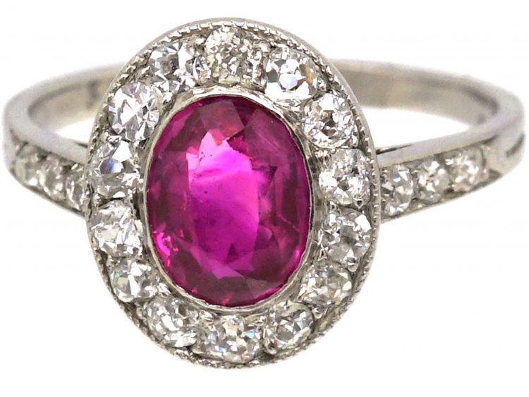 Edwardian Platinum, Ruby & Diamond Cluster Ring with Diamond set Shoulders