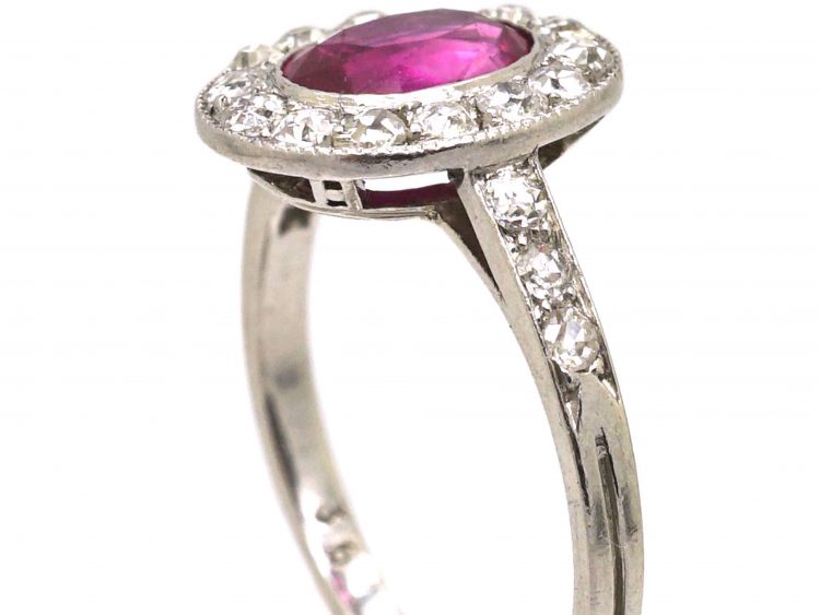 Edwardian Platinum, Ruby & Diamond Cluster Ring with Diamond set Shoulders