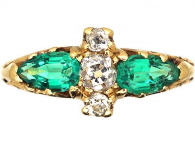 Edwardian 18ct Gold Carved Half Hoop Ring set with Two Pear Shaped Emeralds & Diamonds