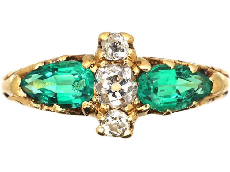 Edwardian 18ct Gold Carved Half Hoop Ring set with Two Pear Shaped Emeralds & Diamonds