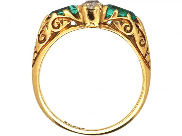 Edwardian 18ct Gold Carved Half Hoop Ring set with Two Pear Shaped Emeralds & Diamonds
