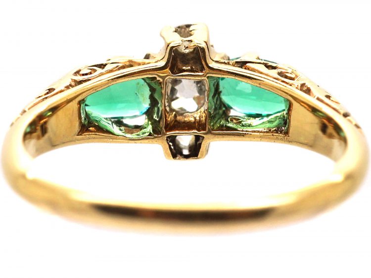 Edwardian 18ct Gold Carved Half Hoop Ring set with Two Pear Shaped Emeralds & Diamonds
