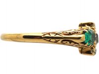 Edwardian 18ct Gold Carved Half Hoop Ring set with Two Pear Shaped Emeralds & Diamonds