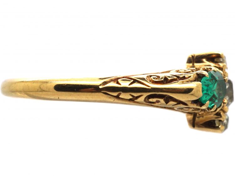 Edwardian 18ct Gold Carved Half Hoop Ring set with Two Pear Shaped Emeralds & Diamonds