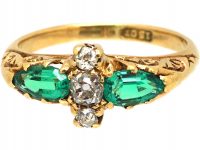 Edwardian 18ct Gold Carved Half Hoop Ring set with Two Pear Shaped Emeralds & Diamonds